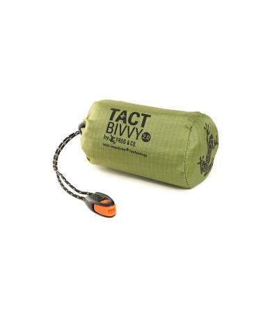 Survival Frog Tact Bivvy 2.0 Emergency Sleeping Bag w/Stuff Sack, Carabiner, Survival Whistle, ParaTinder - Compact, Lightweight, Waterproof, Reusable, Thermal Bivy Sack Cover, Shelter Kit New 2.0 Tactical Green