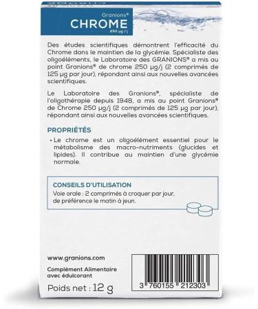 Chrome GRANIONS - 250 g - Made in France - Maintains normal blood sugar levels - Appetite suppressant - Pack of 2 x 60 tablets - Buy Online on GoSupps.com