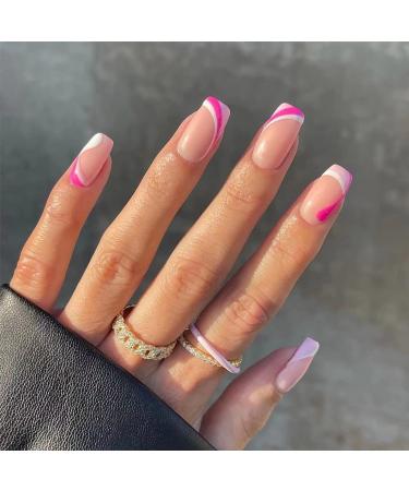 24 PCS French Tips Press on Nails Medium Length False Nails Glossy Pink White Fake Nails Full Cover Design Nail Art for Women and Girls Party Salon