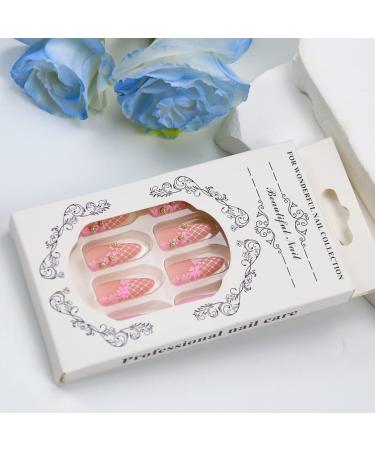 24PCS Medium Almond Flower Press on Nails - Pink Glossy False Nails with Glue | Spring Nail Decoration for Women - Buy Online on GoSupps.com