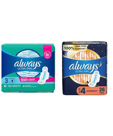 Always Ultra Thin Pads For Women Size 3 Extra Long Super Absorbency With Wings 52 Count & Ultra Thin Pads For Women Size 4 Overnight Absorbency With Wings 26 Count Size 3 (52 Count) Modern + ULTRA THIN 26 SIZE 4