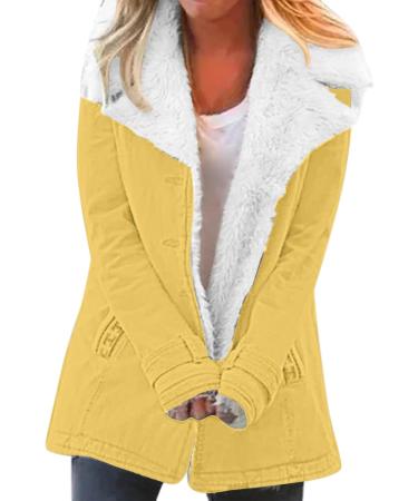 Hanxiulin Women's Fleece Plush Jacket | Warm Zipper Wool Coat | Long Thick Autumn & Winter Down Jacket in Yellow - Buy Online on GoSupps.com