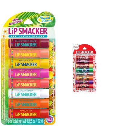 Lip Smacker Flavored Lip Balm Tropic Fever 8 Count Pack of 1 with Lip Smacker Coca-Cola Flavored Balm 8 Moisturizing Lip Balms Assortment