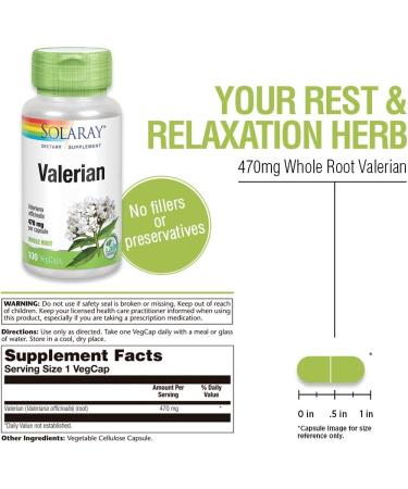 Solaray Valerian 470mg - 100 Vegan Capsules for Natural Sleep Support - Buy Online on GoSupps.com