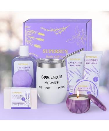 Mothers Day Gifts for Mom from Daughter Son  Relaxing Spa Gift Basket for Women Lavender Scented 8PCS Includes Body Lotion Bubble Bath Body Butter Bath Soap Hand Cream Bath Bomb Lavender Scented Candle & Tumbler with Str...