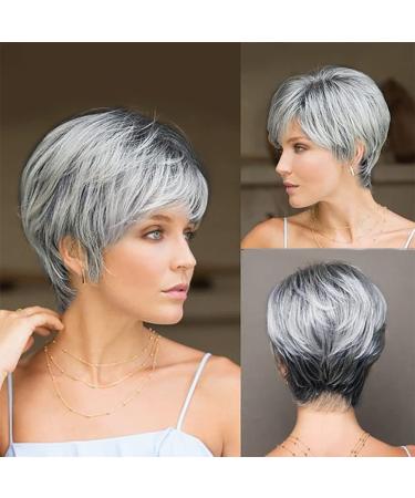 QUEENTAS Short Ombre Sliver Gray Pixie Cut Wig Dark Root Straight Layered Short Hair with Fringe Synthetic Hair Pixie Short Wigs for Black White Women(Grey Mix Black)