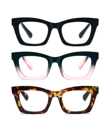 Reading Glasses for Women Oprah Style Oversized Square Spring Hinge Blue Light Blocking Glasses 3pc-black/Blackpink/Tortoiseshell 1.5 x
