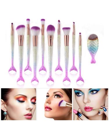 Mermaid Makeup Brushes Set - 11pcs Professional Blending Brush Kit for Women, Synthetic Fiber Bristles, Special Cosmetic Tools (Purple & Yellow) - Buy Online on GoSupps.com