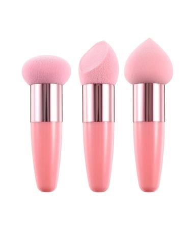 Mushroom Makeup Sponges - 3pcs Pink Facial Foundation Cosmetic Sponges Beauty Blender with Handle - Dual-Use Wet and Dry Blending Sponge Powder Puff for Foundation Concealer and Powder