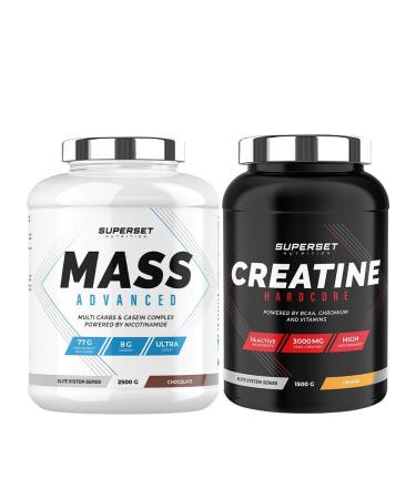 Superset Nutrition | Advanced Mass Gain Program - Mass Advanced 2.5kg Chocolate - Creatine Hardcore 1.5kg Orange | Increases mass gain and intensifies strength and volume in 4 weeks