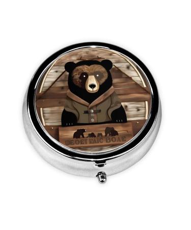 Rustic Lodge Bearround Pill Box 3 Compartment Round Pill Box Organizer Portable Travel Pill Box for Traveling.