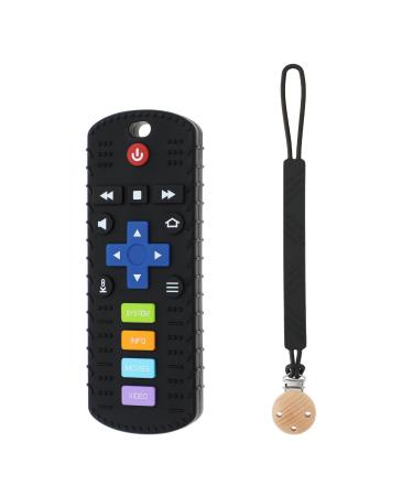 Pacifier Clip Holder + TV Remote Control Shape Silicone Teether Chew Toys for Toddlers  BPA Free (Black)