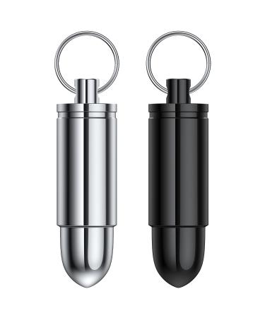 Pill Box Keychain (2 Pack), Small Portable Aluminium Alloy Mini Pill Organizer Case Container for Purse,Waterproof Metal Pill Holder Medicine Vitamin Bottle for Outdoor Camping Travel(Black+Silver)