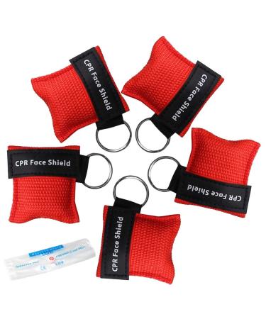 kuou 5 Pcs CPR Mask Keychain Ring Emergency Kit Face Shield for First Aid or AED Training(red)