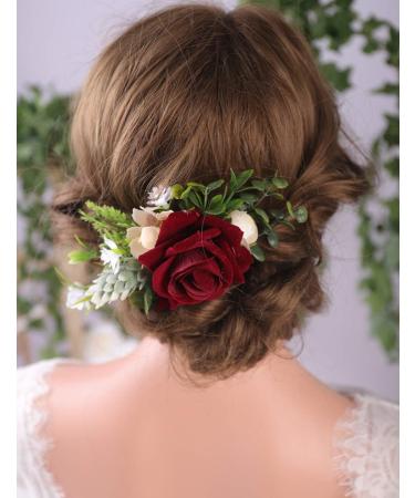 Anglacesmade Bridal Flower Hair Comb Burgundy Dark Red Rose Cream Daisy Eucalyptus Greenery Headpiece for Rustic Wedding Photo Shoot Prom Party Festival - Buy Online on GoSupps.com