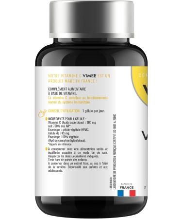 Vitamine C Vimee - Acide L-Ascorbique Pur et Naturel - Compl ment Alimentaire Immunit Energie Stress Peau - 120 G lules de 600 MG - 120 Jours - Buy Online on GoSupps.com
