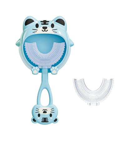 Lebocado children's toothbrush in U-shape manual toothbrush with silicone bristles for children from 2 to 6 years offers complete cleaning (tiger blue) blue tiger