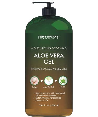 Pure Aloe vera gel - with 100% Fresh & Pure Aloe Infused with Stem Cells, Collagen, Tea Tree Oil - Natural Raw Moisturizer for Face, Skin, Body, Hair. Perfect for Sunburn, Acne, Razor Bumps 16.9 fl oz Stem Cell & Collagen