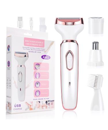 ACWOO Cordless 4 in 1 Electric Lady Shaver for Women Rechargeable Painless Razor Bikini Trimmer Wet and Dry Hair Removal for Face Legs Underarm Nose and Eyebrow Pink