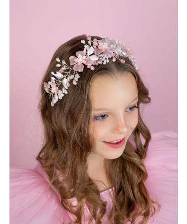 IYOU Flower Girl Headband Pink Floral Headpiece Pearl Leafs Commmunion Hair Vines Bridal Wedding Hair Accessories for Girls - Buy Online on GoSupps.com