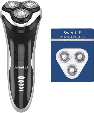 SweetLF Electric Razor for Men Upgraded Mens Electric Shaver IPX7 Waterproof Wet and Dry Shaver with Retractable Beard Trimmer LED Display 60Mins Fast Charging(Plus 3 Blades + 1 Charger) Dark Black