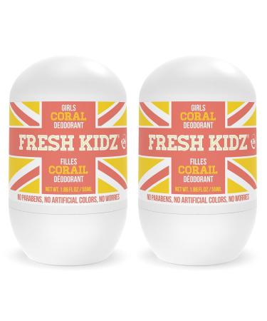 Fresh Kidz Roll On Deodorant for Kids and Teens - Baking Soda and Aluminum-free 24 Hour Protection for Sensitive Skin - Girls "Coral" 1.86 fl.oz. (2 Pack) 1.86 Fl Oz (Pack of 2)