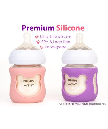 Silicone Baby Bottle Sleeves for Philips Avent Natural Glass Bottles - 4oz, Pack of 2 - Pink/Purple Bear Design - Buy Online on GoSupps.com