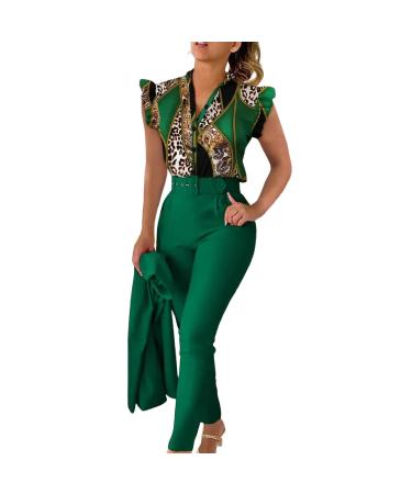 Womens 2 Piece Casual Outfits Stretch Button Down Blazers Jacket and Slim Fit Trouser Pants Suits Sets 2856-sasnx-7-green L