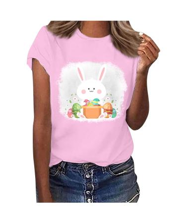 Womens Easter Day Shirt Funny Cute Bunny Print Tshirts Summer Casual Graphic Easter Graphic Tops Blouse #02 Pink Large