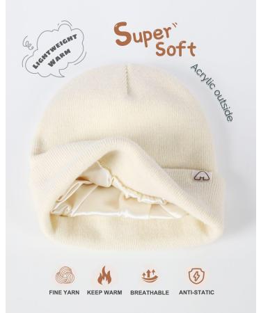 Kids Satin Lined Beanie - Winter Hats for Toddlers - Knit Cuffed Beanie with Silk Lining - Beige - Buy Online on GoSupps.com