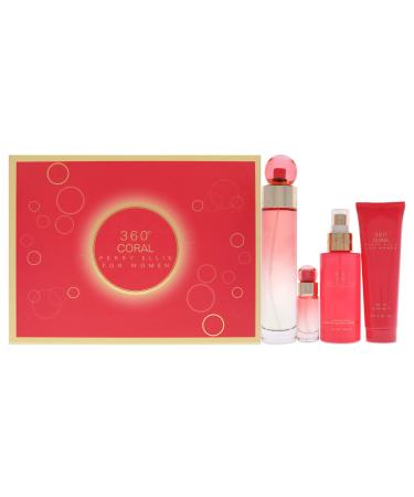 Perry Ellis 360 Coral 3.4oz EDP Spray 4oz Body Mist 3oz Shower Gel 0.25oz EDP Spray Women 4 Pc Gift Set