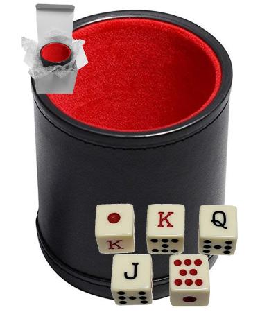 Set of 16mm Poker Dice Squared Corners and Black PU Leather Dice Cup Plush Felt Lined - Gift Boxed Spanish Poker (Ivory), Black/Red Cup