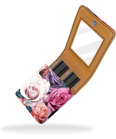 Shop Stylish Lipstick Case - Leather Lip Gloss Organizer with Mirror | Mini Holder Bag - Colorful Rose Flower Art Pattern - Buy Online on GoSupps.com