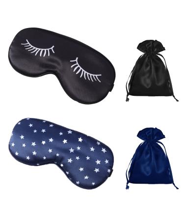 Sleep Mask Silk Sleep Eye Mask Sleeping Mask Eyelash Style Black Satin Eye Mask for Sleeping Cute Dark Blue Soft Sleep Mask with Adjustable Strap&Silk Bag Eye Cover for Sleeping for Women(2+2Pack) Black+blue