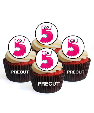 PRECUT Monster 5th Birthday Edible Cupcake Toppers - Monster Numbers Theme Premium Thickness SWEETENED VANILLA - wafer card disc cake decorations (Pack of 24)