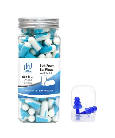 Soft Foam Earplugs 60 Pairs, 38dB SNR Comfortable Ear Plugs for Sleeping, Snoring, Shooting, Mowing, and All Loud Noise by Lysian, Light Blue/White