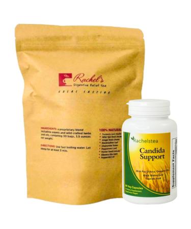 Rachel's Tea and Candida Support: 30 Day Supply Turmeric Wild Yam Ginger Peppermint Fennel Slippery Elm + Candida Support Capsules