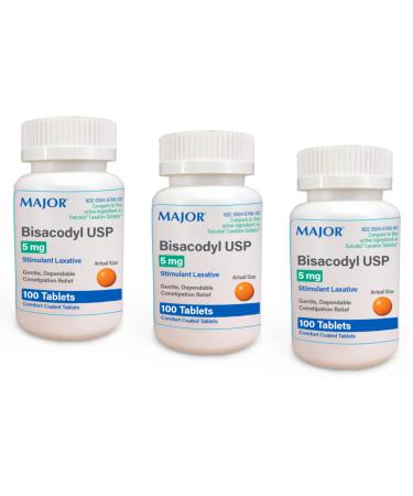 Major Bisacodyl Enteric Coated Tablets 5mg 100 Count Per Bottle (3 Pack) 100 Count (Pack of 3)