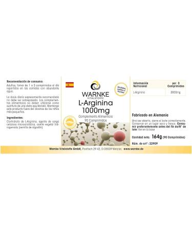 L-Arginine 1000mg Tablets | Magnesium Stearate Free | 90 Count | Warnke Vitalstoffe - Buy Online on GoSupps.com