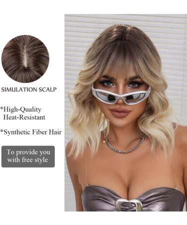 OUFEI Ombre Blonde Short Wavy Wig with Bangs - Heat Resistant Synthetic Hair for Daily Wear and Cosplay - Buy Online on GoSupps.com