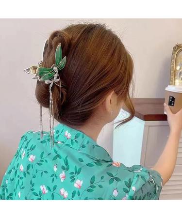 Green Dragonfly Tassel Hair Claw Clip - Rhinestone Design Barrette for Women & Girls - Buy Online on GoSupps.com