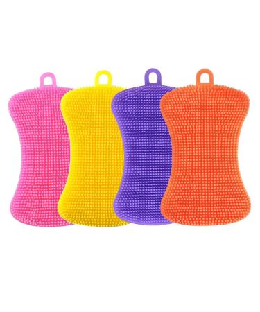 Silicone Dish Sponge 4 Pieces Multipurpose Antibacterial Kitchen Silicone Scrubber Silicone Dish Washing and Dirt Cleaning Sponge for Pot Pan Dish Bowl Fruit Vegetable