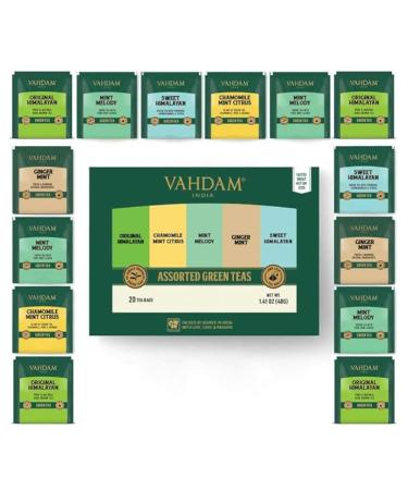 Vahdam green tea trial set (5 flavors 4 tea bags each) Tee variety pack |Long leaf pyramid green tea bag |Tea range gifts for women and men green tea assortment - Buy Online on GoSupps.com