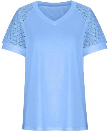 MALAIDOG Womens Lace Puff Sleeve Tunic Blouse - Floral V Neck Tee, Summer Flowy Top Blue - Buy Online on GoSupps.com