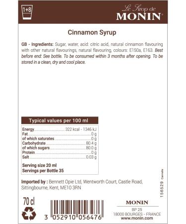 MONIN Premium Cinnamon Syrup 700ml - Vegan-Friendly, Allergen-Free, 100% Natural - Ideal for Coffee and Cocktails - Buy Online on GoSupps.com