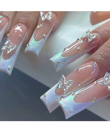 24pcs Long Square French Tip Press on Nails with 3D Metal Butterfly and Rhinestone Acrylic Nails - Pink White False Nails for Women Manicure Decor - Buy Online on GoSupps.com