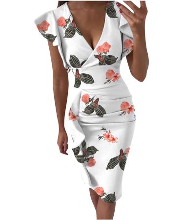 Briskyry V-Neck Floral Business Dresses for Women - Elegant Summer Festival & Party Dresses - Sexy Ruffled Hems Vintage Style XXL in Orange - Buy Online on GoSupps.com