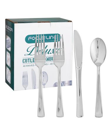 FOCUSLINE 160 Plastic Silverware Set- Silver Plastic Cutlery Set- Plastic Flatware Set- 80 Forks, 40 Knives, 40 Spoons, Heavy Duty Disposable Utensils Set for Catering, Parties, Dinners, Weddings