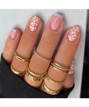 French Purple Tips Press on Nails Fake Nails Acrylic False Nails With White Flower Nails Glossy Short Square Nails Pink Primer Summer Full Cover Fake Nails for Women and Girls 24Pcs purplefrench-whitefloral