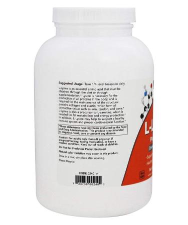 NOW Foods L-Lysine 100% Pure Powder 454g - Premium Amino Acid Supplement for Immune Support & Nutrition - Fast Worldwide Shipping - Buy Online on GoSupps.com